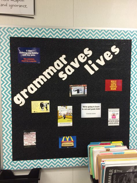 Grammar saves lives middle school language arts classroom bulletin board Grammar Saves Lives, Student Work Bulletin Board Ideas Middle School, Secondary School Displays, English Grammar Bulletin Boards, Language Arts Bulletin Boards Middle School, Middle School Welcome Bulletin Boards, High School English Classroom Decor Bulletin Boards, High School Ela Bulletin Board Ideas, High School English Bulletin Boards