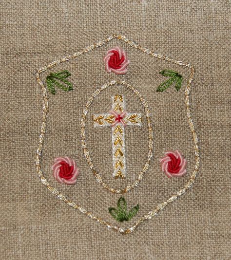 Brooch, 1.5" x 2"; hand embroidered Christian motif for brooch; Cross with roses; 3.19.17 Cross With Roses, Luther Rose, Embroidered Cross, Fibre And Fabric, Christmas Embroidery, Needlepoint, Christmas Tree Skirt, Hand Embroidered, Hand Embroidery