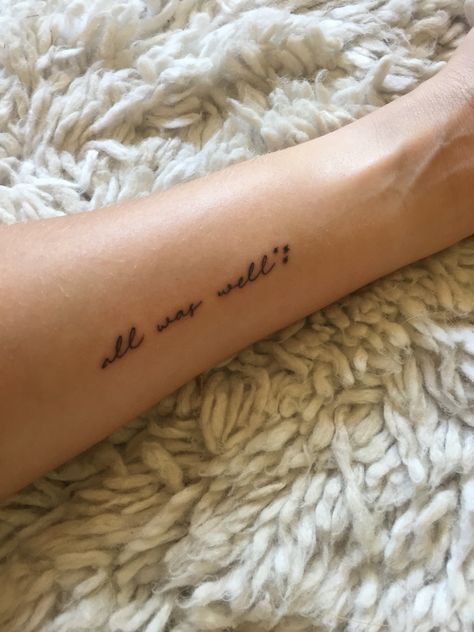 i love my all was well tattoo! it’s the last sentence from the 7th Harry Potter book, and also has the stars from the top of each page in the series ⚡️ All Was Well Tattoo, Gut Tattoo, Inside Ankle Tattoos, Book Quotes Tattoo, Harry Potter Quotes Tattoo, Well Tattoo, Literary Tattoos, Foot Tattoos For Women, Harry Potter Tattoos