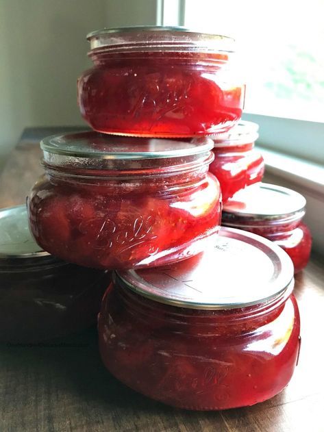 Strawberry Rhubarb Jam Recipe - One Hundred Dollars a Month Strawberry Rhubarb Jam With Pectin, Best Canning Recipes, Strawberry Rhubarb Jam Recipe, Rhubarb Jam Recipes, Freezer Jam Recipes, Strawberry Rhubarb Jam, Jam Recipes Homemade, Rhubarb Jam, Freezer Jam