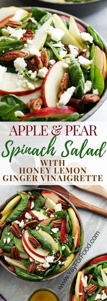 A healthy and delicious fall salad featuring crisp sweet apple and pear, creamy and salty feta cheese, and crunchy pecans! A homemade dressing perfectly compliments this quick-to-make salad. Salad | Healthy Salads | Vinaigrette | Vegetarian | Gluten-Free | Fall Recipes | Autumn Pear Spinach Salad, Salad Taco, Ginger Vinaigrette, Gluten Free Fall Recipes, Salad Macaroni, Salad Kale, Fall Salad, Vinaigrette Salad, Salad Salad