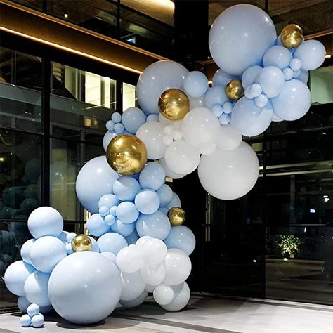 Blue White Balloon Arch, 1st Birthday Party Backdrop, Green Balloon Arch, Sage Green Balloons, White Balloon Arch, Baloon Garland, Christening Balloons, Blue Sweet 16, Baby Shower Balloon Arch