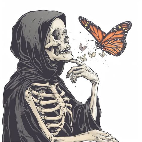 Even the reaper pauses to admire the fleeting beauty of life. 🦋💀 #NatureMeetsNecro #Butterflies #SkullArt #LifeAndDeath #ArtisticSoul #BeautyInDecay #MementoMori #ButterflyEffect #IllustrationDaily #DarkBeauty #Skeleton #ContemplateLife #MacabreArt #GothicAesthetic #NatureIllustration #ArtOfTheDay #EmbraceChange #DeathlyBeautiful #InkedArt #ArtLovers #ThoughtProvoking #Vanitas #EphemeralBeauty #DrawingOfTheDay #LifeCycles #ArtisticMusing #DarkWhimsy #SkullAndButterflies #GrimReaperGentleness Skeleton Art Dark, Grim Reaper Aesthetic, Skeleton Reaper, Skeleton Pics, The Reaper, Beauty Of Life, Macabre Art, Heart Illustration, Skeleton Art