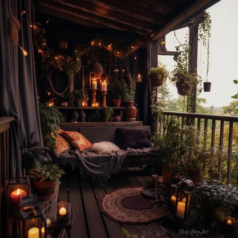 Black And Green House Aesthetic, Dark Academia Patio, Forest Aesthetic Interior Design, Gothic Porch Decor, Whimsigoth Backyard, Cozy Spooky Aesthetic, Balcony Ideas Black, Whimsigoth Patio, Goth Sunroom