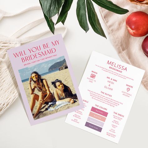 Color Palette Photo Be My Bridesmaid Proposal Card Magenta Bridesmaid, Bridesmaid Info Card, Bright Wedding Invitations, Color Palette Modern, Minimalist Bridesmaid, Purple Color Palette, Wedding Announcement Cards, Modern Bridesmaid, Bridesmaid Proposal Card