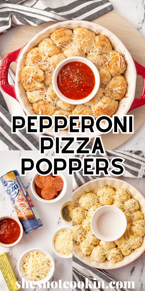 Pepperoni Pizza Bites in a red baking dish. Pizza Rollups Pizza Dough, Pizza Dough Bites Pull Apart, What To Do With Pizza Crust, Pilsbury Pizza Recipes, Different Ways To Use Pizza Dough, Refrigerator Pizza Dough Ideas, Pizza Ring With Pizza Dough, Pillsberry Pizza Dough Recipes, Pizza Dough Snacks Appetizers