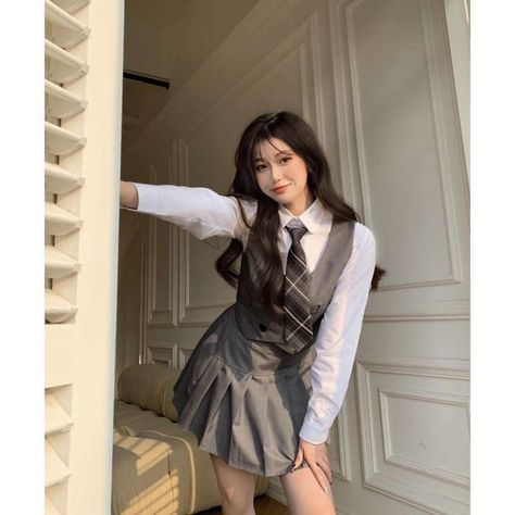 Japanese Jk Suit Jacket Girl Spring 2021 Fashion All-match Korean Solid Casual   Shirt + vest + skirt + tie Jk Suit, Japanese Fashion Kawaii, Girls Spring Fashion, High Waisted Pleated Skirt, Japanese School, Korean Casual, White Long Sleeve Shirt, 2021 Fashion, Casual Vest