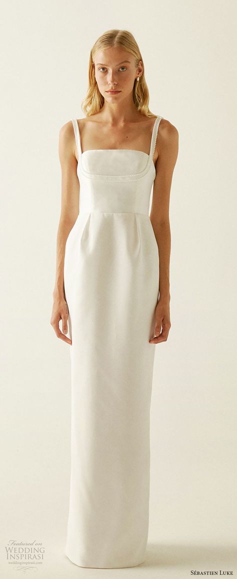 Column Wedding Dress Simple, Minimalist Couture Wedding Dress, Wedding Dress Column Sheath, Sheath Column Wedding Dress, Modern Minimal Wedding Dress, Belted Wedding Dress, Column Wedding Dresses, Wedding Dress Minimal, Column Wedding Gown