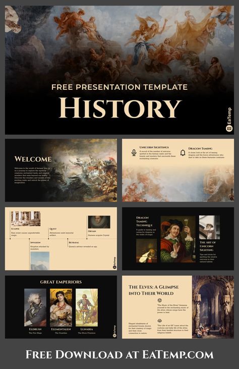 History PPT Presentation Template - Free PowerPoint Templates, Google Slides, Figma Deck And Resume School Presentation Ideas Google Slides, Art Ppt Template, History Google Slides, Power Point Slide Ideas Presentation, Design Slides Presentation, History Presentation Template, History Slide Presentation, History Template Powerpoint, Art Presentation Ideas Powerpoint