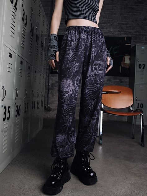 Grunge Sweatpants Outfits, Grunge Loungewear, Sweatpants Outfits, Punk Skull, Printed Sweatpants, Skeleton Print, Grunge Punk, Print Tank Top, Skull Print