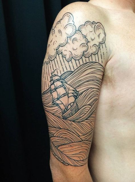 Stormy Seas by William Dolittle @ Studio City Tattoo (Los Angeles, CA) Sea Tattoo Sleeve, Ocean Sleeve Tattoos, Tato Geometris, Nautical Tattoos, Tattoo Linework, Filler Tattoo, Woodcut Tattoo, Sailor Tattoos, Sea Tattoo