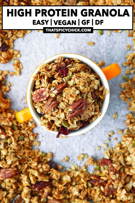 Made with nuts, seeds, and sweetened with maple syrup, this easy to make High Protein Granola gets a boost of protein from vanilla protein powder. It’s vegan, gluten-free, and the perfect breakfast with yogurt or milk and fruit to kick off your morning with an energetic start! #granola #breakfast #highproteinbreakfast #snack #healthy #vegan #easy #highprotein #homemadegranola glutenfree | That Spicy Chick High Protein Granola Recipe, Breakfast With Yogurt, Low Calorie Granola, Protein Granola Recipe, Granola Calories, Milk And Fruit, High Protein Granola, Gluten Free Granola Recipe, Vanilla Granola