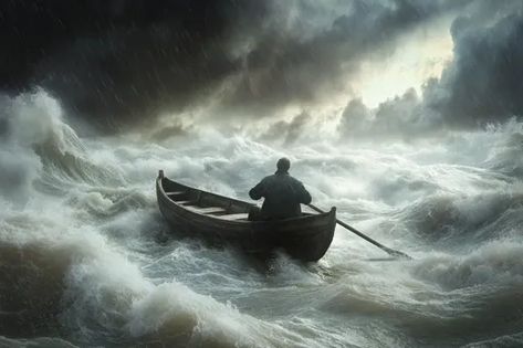 ↑↑↑ Larger size on website 🔸 A lone figure rows a small boat through a raging sea.  The waves are large and white-capped, and the Raging Sea, Dark And Stormy, Sea Illustration, Forces Of Nature, Dark N Stormy, Stormy Sea, Falling From The Sky, White Caps, Row Boat