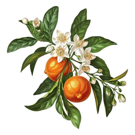 Orange Tree Branch Drawing, Tangerine Tree Drawing, Orange Blossom Photography, Orange Fruit Photography, Orange Tree Drawing, Tangerine Drawing, Orange Tree Flower, Fruit Tree Painting, Tangerine Illustration