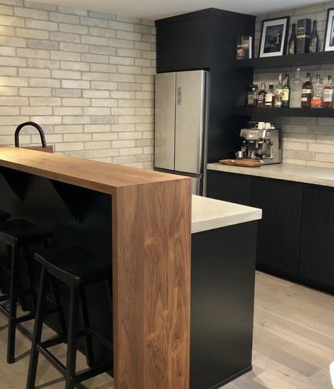 Two Level Countertop, Modern Kitchen Wood Countertops, Kitchen Countertop Bar Ideas, Add Bar To Kitchen Counter, Floating Countertop Bar, Kitchenette Countertop Ideas, Wood Top Bar Counter, Wood Waterfall Island Kitchen, Kitchen Bar Extension Ideas