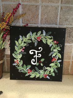 Painted canvas Christmas wreath with initial.... Diy Christmas Canvas, Pinterest Christmas, Christmas Canvas Art, Diy Christmas Paintings, Christmas Paintings On Canvas, Holiday Painting, Easy Canvas Painting, Christmas Canvas, Canvas Painting Diy