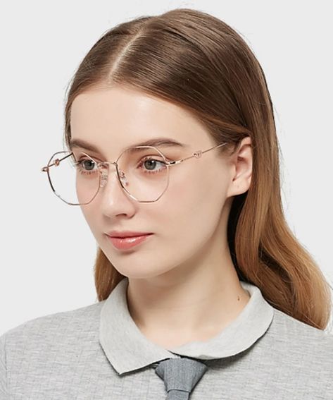 Megan Rose Gold Polygon Eyeglasses | CliCliMe.com Rose Gold Glasses, Megan Rose, Eyeglass Jewelry, Round Face Sunglasses, Rose Gold Frame, Abaya Designs, Round Eyeglasses, Women Rising, Small Faces