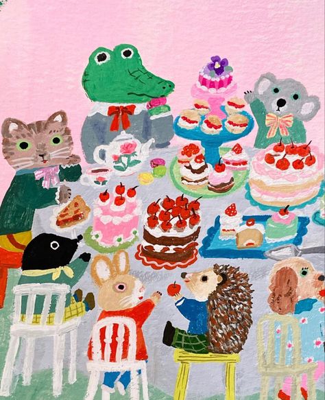 Fun Animal Doodles, Animal Party Illustration, Cool Art Inspiration, Tchotchkes Ideas, Helping Illustration, Tea Party Artwork, Cute Widget Pictures, Animal Tea Party, Kitschy Style