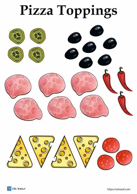 16 free printable pizza toppings PDF pages - ESL Vault Make A Pizza Printable, Pizza Crafts For Kids, Printable Pizza Toppings, Pizza Template, Pizza Printable, Pizza Coloring Page, Printable Pizza, Pizza Craft, Pizza Shapes