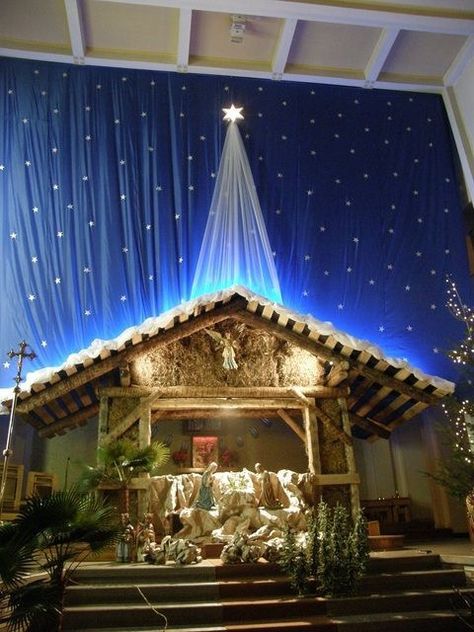 Crib For Christmas Decorating Ideas, Altar Christmas Decorations, Christmas Crib Decoration Ideas, Christmas Crib Ideas In Church, Belen Christmas Decor, Crib Ideas Christmas Diy, Christmas Crib Ideas Nativity Scenes, Christmas Manger Ideas, Christmas Decorations For Church