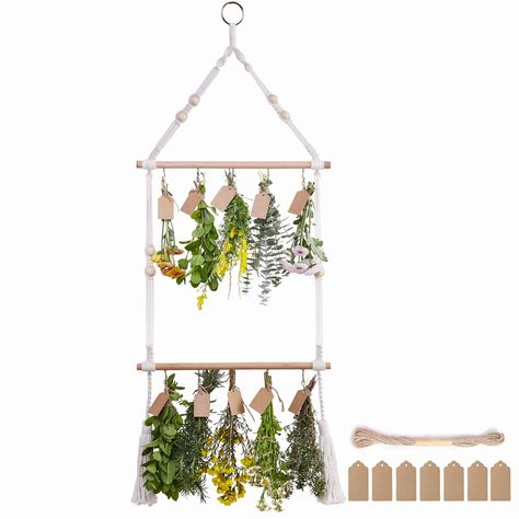 PRICES MAY VARY. Contents of the Package:1 Herb Drying Racks, with 25PCS brown gift tags AND 32ft Natural Jute Twine, individual plant drying rack total height 37" long,make your corner unique. Herb Drying Rack Hanging: Our herb drying rack is practical and decorative, with gold drying hooks hung from large and small wood beads and gold metal rings (hooks can be taken off at will), and the amount of hanging can be adjusted to meet the needs of your herb drying, hand-woven Boho look, Highlight th Herb Drying Rack, Flower Drying, Herb Drying, Dryer Rack, Hanging Herbs, Drying Racks, Jute Twine, Drying Rack, Natural Jute