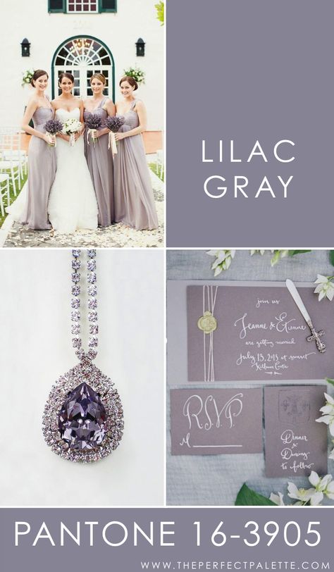 Lilac Gray - 16-3905    Peaceful, serene, and absolutely dreamy, Lilac Gray is the kind of color that works nicely with soft neutrals. For instance, a nice crisp white or even other types of gray, those are the sort of shades that I like to see paired with with this smokey shade of gray. Wedding Colors Lilac, Lilac Gray, Lilac Grey, Gray Weddings, Wedding Destination, Wedding Color Schemes, Purple Wedding, Trendy Wedding, Colour Schemes