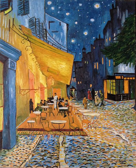 Van Gogh reproduction - cafe terrace at night #art #oilpainting #vangogh #reproduction Lukisan Van Gogh, فنسنت فان جوخ, Cafe Terrace At Night, Terrace At Night, Vincent Willem Van Gogh, Grafika Vintage, Arte Occulta, Vincent Van Gogh Paintings, Cafe Terrace