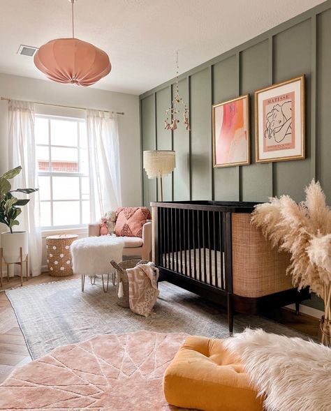 Girl Nursery Colors, Nursery Color Scheme, Cozy Baby Room, Nursery Reveal, Nursery Trends, Board And Batten Wall, Nursery Room Design, Baby Room Inspiration, Printed Rug