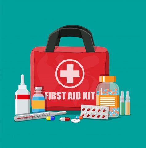 Medical first aid kit with pills and the... | Premium Vector #Freepik #vector #medical #box #health #science First Aid Kit Drawing, Life Support Machine, First Aid Kit Box, Medicine Kit, First Aid Course, Emergency First Aid, Medicine Chest, Medical Symbols, Aid Kit