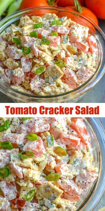 We’re bring you another Southern staple today with this super yummy, 4 ingredient Tomato Cracker Salad. Garden fresh tomatoes, crushed saltine crackers, & tangy green onions are mixed with a creamy mayonnaise dressing for the ultimate lunch, snack, or appetizer. Tomato Cracker Salad, Cracker Salad, Southern Appetizers, Mayonnaise Dressing, Salad Garden, Salad Kale, Resep Salad, Saltine Crackers, Salad Pasta