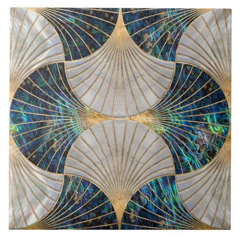 Seashell Art Deco - Abalone Shell and Pearl Ceramic Tile | Zazzle Art Deco Tiles, Art Deco Abstract, Deco Bathroom, Raku Pottery, Gold Ceramic, Paper Coaster, Seashell Art, Salou, Floral Wall Decor