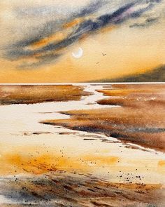 Sepia Watercolor Paintings, Anastasia Mily Art, Abstract Landscape Painting Watercolor, Anastasia Mily, Lakeside Painting, Abstract Landscape Watercolor, Painting With Poster Colour, Sepia Art, Loose Watercolor Paintings