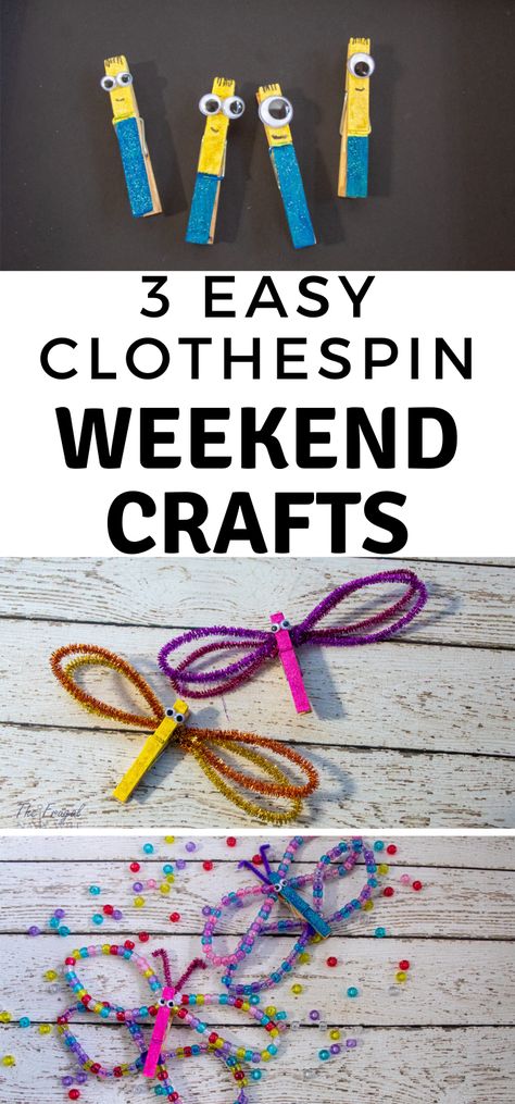 I LOVE these easy weekend clothespin crafts. They keep my kids busy and we get some super cute things to play with, out them!  #FrugalNavyWife #WeekendCrafts #KidsCrafts #clothespincrafts #kidsdiy | Kids Activity | Clothespin Crafts | Easy Weekend Crafts | Kids Craft Ideas | Minions Crafts | Butterfly Crafts | Dragonfly Crafts Close Pin Crafts, Crafts With Clothes Pins, Clothes Pin Crafts For Kids, Minions Crafts, Clothespin Crafts For Kids, Minion Crafts, Decorated Clothes Pins, Kids Crafts To Sell, Dragonfly Crafts