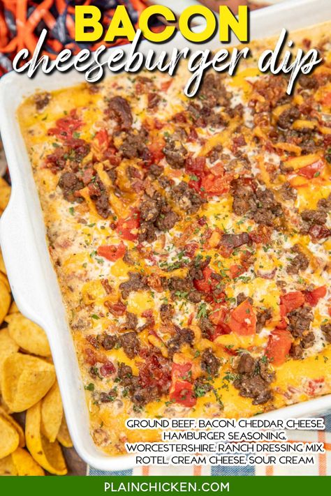 Bacon Cheeseburger Dip Recipe - this dip is the ultimate crowd-pleaser. Loaded with ground beef, crispy bacon bits, cheddar cheese, Rotel, cream cheese, sour cream, and a medley of seasonings, it's a taste sensation that'll have your guests coming back for more. Perfect for game day, parties, or any get-together. This is the kind of dip that disappears in no time! Bacon Cheeseburger Rotel Dip, Bacon Cheddar Beer Dip, Burger Dip Recipes, Slow Cooker Bacon Cheeseburger Dip, Dip Recipes With Ground Beef, Ground Beef Tailgate Recipes, Best Game Day Dips, Recipes With No Cheese, Hamburger Cream Cheese Recipes