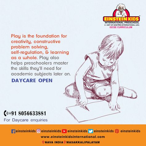 At Einstein kids international Preschool & Day Care we consider play an integral part of the preschool classrooms. DAY CARE enroll now for your kids. For more details get in touch with us at +91 8056633881 , 9600933881 Preschool Classrooms, Admission Open, Enroll Now, Self Regulation, Day Care, Preschool Classroom, Problem Solving, Einstein, Preschool