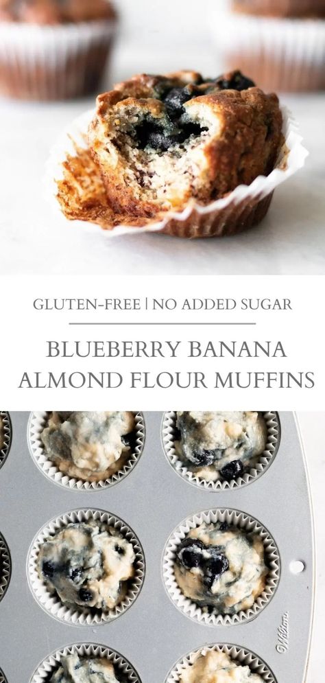 These blueberry banana almond flour muffins are sweetened with fruit and made with almond flour, making them a naturally gluten-free and high-protein. Perfect for a quick snack or breakfast on-the-go! | Nourished by Caroline #muffins #almondflour #highprotein #vegetarian #snack #fruitsweetened #blueberry #banana #healthyrecipes #snackrecipe Banana Almond Flour Muffins, Almond Flour Blueberry Muffins, Almond Flour Banana Muffins, Blueberry Protein Muffins, Banana Protein Muffins, Vegetarian Snack, Gluten Free Banana Muffins, Banana Muffins Easy, Almond Flour Muffins