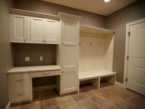 Mud Room With Bay Window, Mudroom With Desk And Bench, Mudroom Desk Combo, Mud Room Desk Built Ins, Mudroom Lockers With Desk, Mudroom With Office Space, Mudroom With Desk Area, Drop Zone With Desk, Mail And Key Organizer Drop Zone