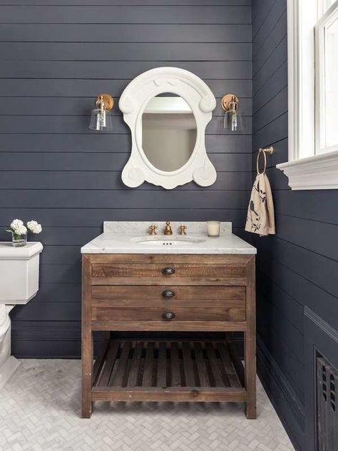 Blue Shiplap, Wood Floor Bathroom, Shiplap Wall Diy, Mold In Bathroom, Shiplap Bathroom, French Country Bathroom, Ship Lap, White Shiplap, Transitional Bathroom