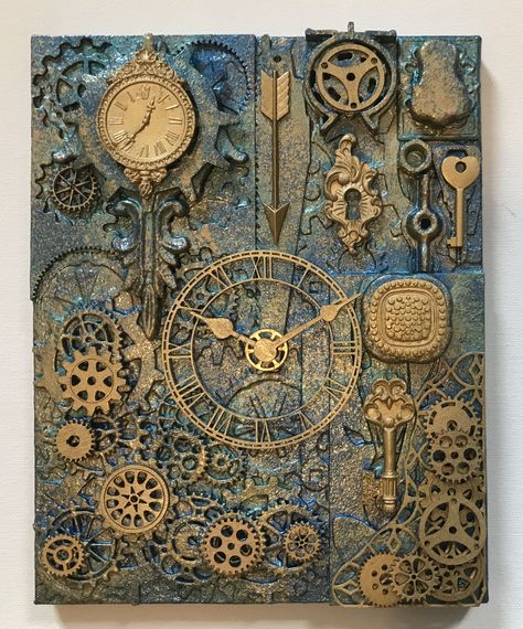 By Sheila Kneale Steampunk Diy Crafts, Steampunk Mixed Media Art, Painting On Canvas For Beginners, Steampunk Mixed Media, Steampunk Wall, Altered Canvas, Steampunk Crafts, Canvas For Beginners, Art Journal Cover