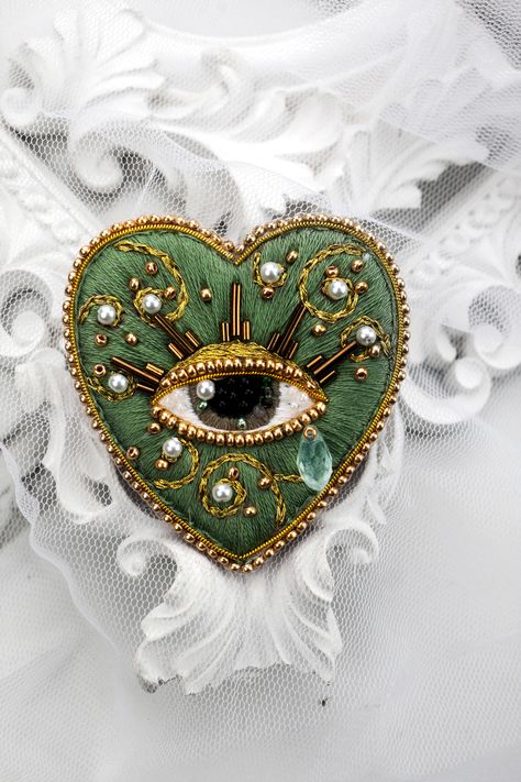 Sacred heart pin brooch. Handmade embroidery broochLarge brooch made of embroidery threads. Hand embroidery. Artificial leather on the back. Please allow 13 days for handpackaging.I will reach out to you within 24hrs after the order is placed :)Thank you for all your love and support Lyudmila All products are made of polymer clay, which is a waterproof and slightly flexible material.Jewelry is sensitive and you should not bend or drop them.Contamination can be removed from the surface of the pro Embroidery Pins Diy, Embroidery Sacred Heart, Beaded Embroidery Brooch, Beaded Embroidery Flower, Easy Beaded Embroidery, Sacred Heart Embroidery, Beaded Embroidery Designs, Embroidery Tarot, How To Bead Embroidery