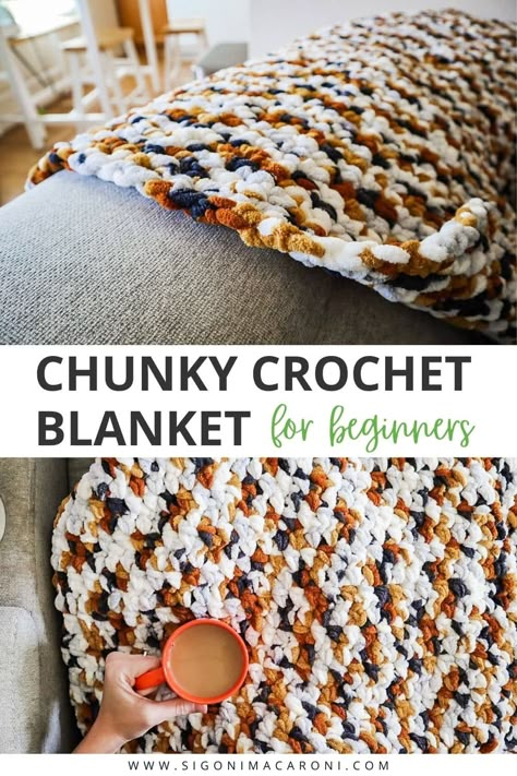 Chunky Crochet Blanket for Beginners | Free Crochet Pattern via @sigonimacaronii Crochet Patterns Blanket Beginner, Chunky Yarn Afghan Free Patterns, 2 Hour Crochet Blanket, Chunky Crochet Patterns Blanket, Crochet Afghan Patterns For Super Bulky Yarn, Crochet Afghan Bulky Yarn Free Pattern, Crochet Patterns Blanket Yarn, Chunky Crochet For Beginners, Free Easy Crochet Afghan Patterns For Beginners