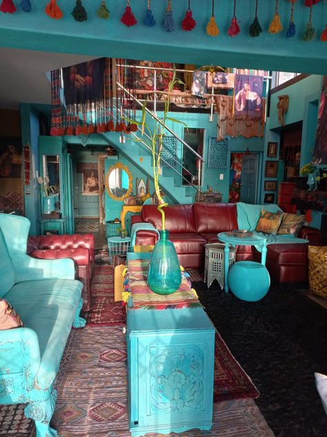 Turquoise Lounge bohemian Turquoise Lounge, Maximalist Bohemian, Turquoise Interior, Turquoise Room, Hippie House, Hippie Goth, Blue Interiors, Turquoise Walls, Teal Walls