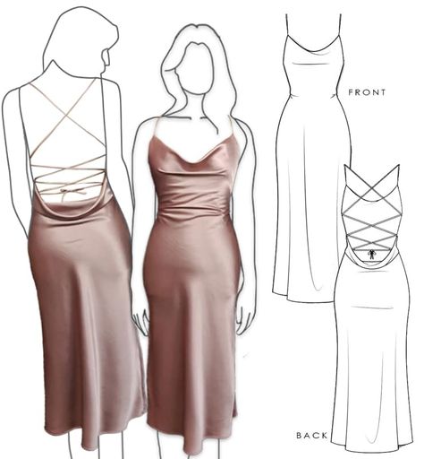 Satin Dresses Sewing Pattern, Pattern Dress Silk, Sew Prom Dress Diy, Sewing Patterns Backless Dress, Maxi Slip Dress Pattern, East Dress Patterns, Simple Satin Dress Pattern, Easy Silk Dress Pattern, Satin Dress Back Design