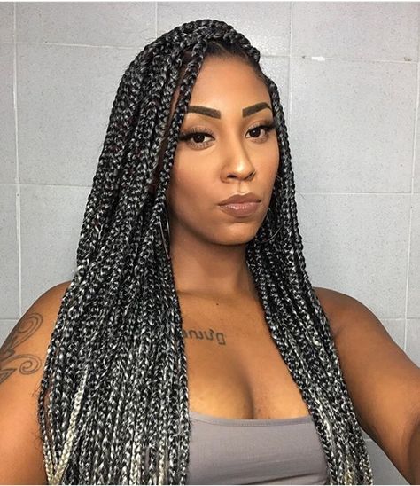 Beautiful Box Braids, Grey Box Braids, Grey Hair Braids, Box Braids Styles, Black Box Braids, Colored Box Braids, Braids With Shaved Sides, Small Box Braids, Hairstyles Color