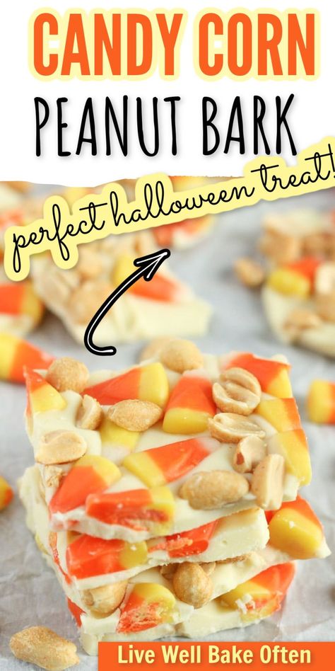 This candy corn bark from Live Well Bake Often is a decadent sweet treat perfect for fall! This delicious white chocolate bark is topped with candy corn and peanuts. This candy corn peanut bark makes a delicious candy treat you will love! It is easy to make and it's sure to be hit with everyone! Candy Corn Bark, Live Well Bake Often, How To Make Candy, White Chocolate Bark, Homemade Recipes Dessert, Bark Recipe, Chocolate Bark, Delicious Snacks Recipes, Halloween Treat