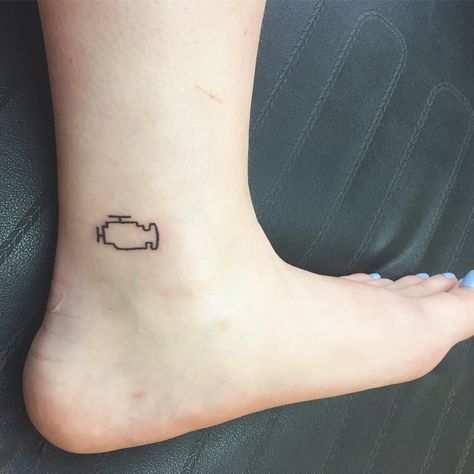 Check engine light tattoo Auto Body Tattoo Ideas, Feminine Mechanic Tattoo, Simple Car Guy Tattoos, Car Small Tattoo, Tattoo Ideas For Men Cars, Check Engine Tattoo, Engine Parts Tattoo, Car Line Art Tattoo, Small Car Tattoos For Guys