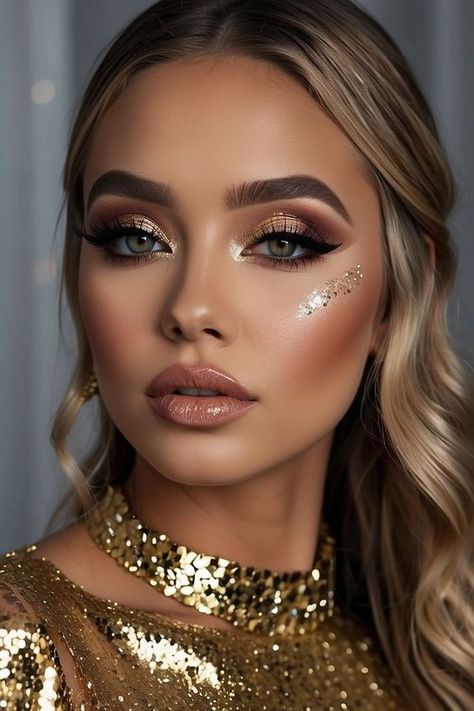 Glam Eye Makeup Glitter, Glittery Prom Makeup, Gold Glam Makeup Looks, Bold Glam Makeup, Gold Dress Makeup, Gold Glam Makeup, New Year Makeup, Prom Makeup Look, Gold Glitter Makeup