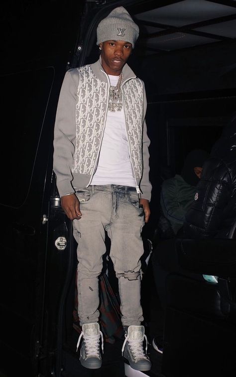 Lil Baby wearing Louis Vuitton LV Ahead Grey Beanie, Dior Oblique Technical Blouson, Amiri Distressed Grey Skinny Jeans, Dior B23 Reflective Gray Oblique High-Top Sneakers. Rapper Outfits Men, Onepiece Jumpsuit, Chris Brown Videos, Black Men Fashion Urban, Black Baby Boys, Drippy Outfit, Baby Dior, Rapper Outfits, Hype Clothing