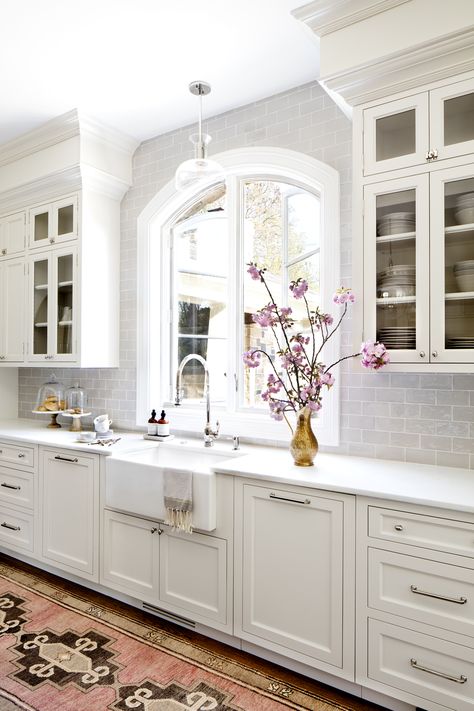 Stephanie Gamble Interiors - Custom kitchen with polished nickel hardware, handmade gray subway tiles, Hudson Valley Lighting pendant and farmhouse sink. Kitchen With White Cabinets, Kitchen Design Styles, Tile Kitchen, Classic Kitchen, White Kitchen Design, White Kitchen Cabinets, Large Kitchen, Humble Abode, Kitchen Remodel Idea