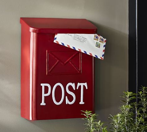 Red Post Mail Box | Pottery Barn Mailbox On House, Pottery Barn Christmas Decor, Red Mailbox, Pottery Barn Christmas, Red Cottage, Post Box, Christmas Spirit, Porch Decorating, Curb Appeal